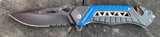 Smith & Wesson rescue Foldekniv med flipperåbning 42648 SW608BLS blå kniv nmed seleskærer og glasknuser