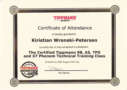 Diplom for gennemført tech-class hos Tippmann 2011