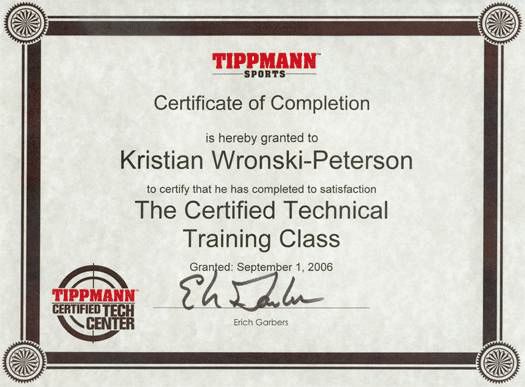 Tippmann certified tech diplom 2006 (vi fik ikke diplomer for de tidlige kurser i 90´+ erne