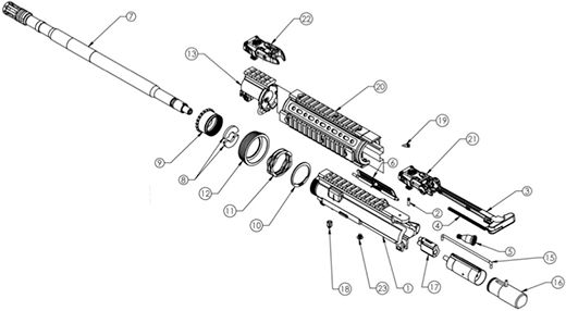 Tippmann M4 carbine 6 mm bb softairgun, reservedelsoversigt, upper